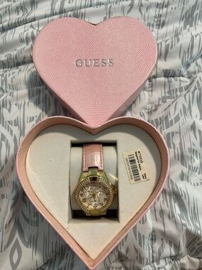 GUESS Gold-Tone Watch with Pink Leather Strap and Crystal Accents